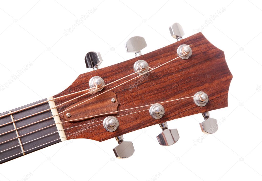 Headstock of the guitar over white background