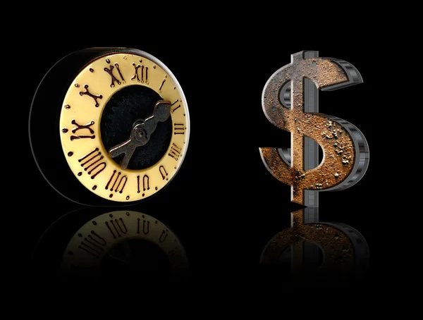 Zeit Ist Geld Uhr Und Kassenschild Vor Schwarzem Hintergrund — Stockfoto