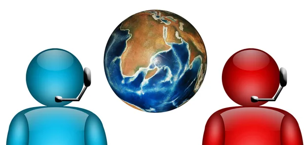 Dos Personas Con Colores Rojo Azul Con Esfera Planetaria Comunicación — Foto de Stock