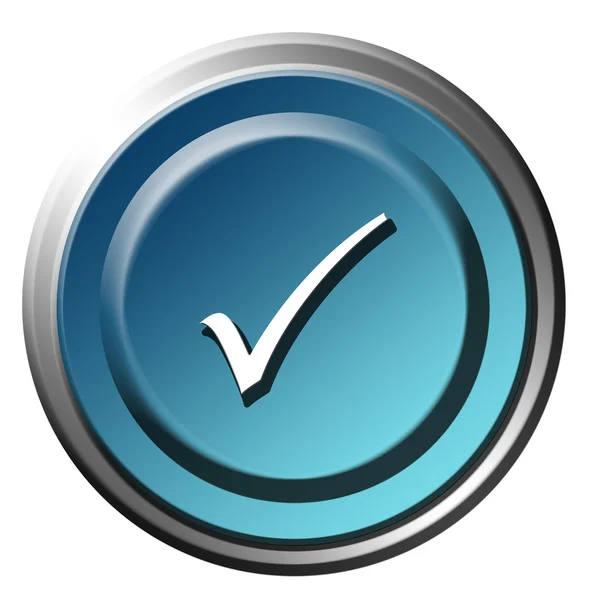 正しいシンボルを白い背景の上の青色のボタン — ストック写真