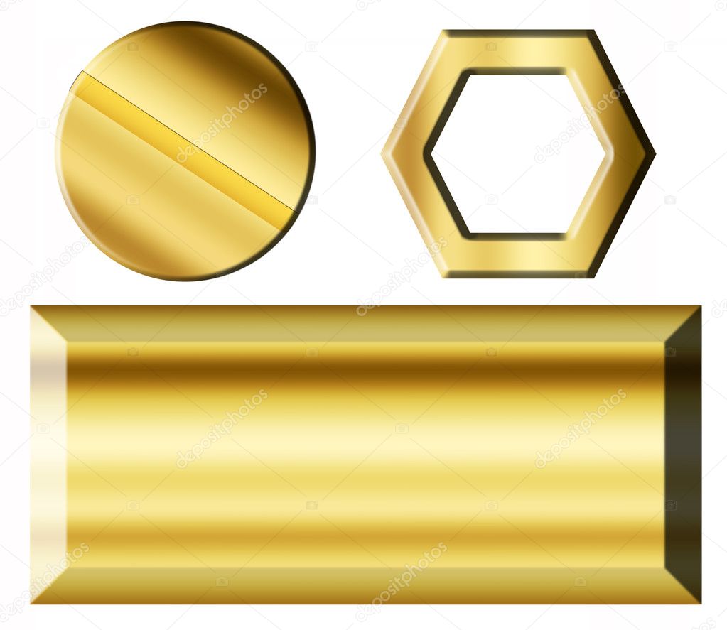Gold isolated elements Screw, nut and ingot