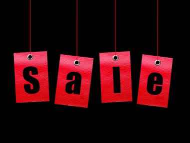 Red hanging sale labels over black background. Illustration clipart