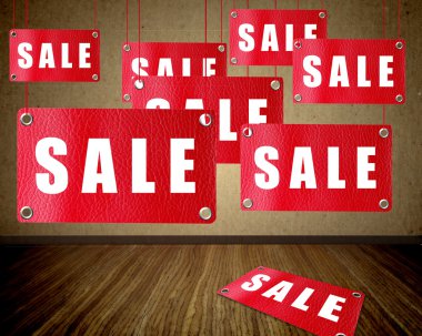 Wooden surface with hanging billboards red sale. Illustration clipart