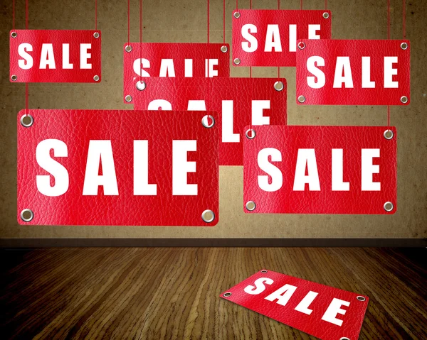 Holzoberfläche Mit Hängenden Werbetafeln Rot Verkauf Illustration — Stockfoto