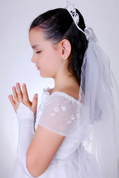 Girl Praying Concentrated Your First Communion Stock Image