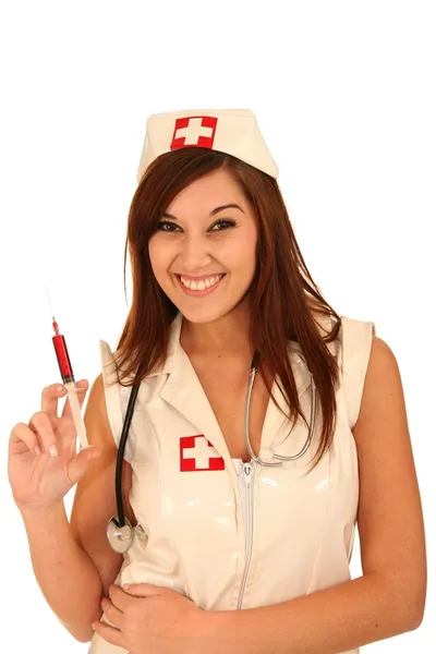 微笑着护士用注射器 — 图库照片