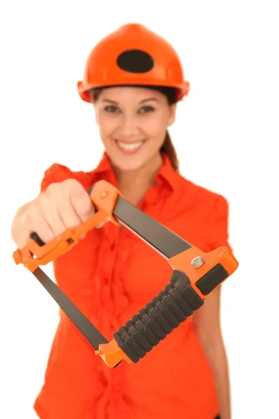 Beuatiful señora trabajadora con sierra —  Fotos de Stock