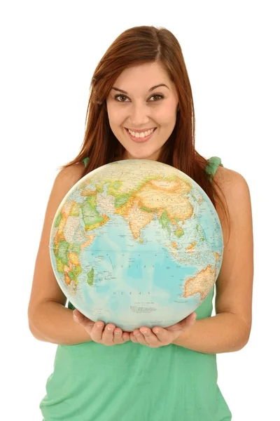 Belle femme avec Globe du monde — Photo