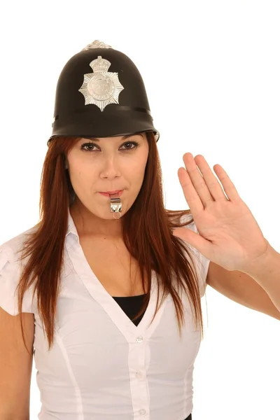 Bela Policewoman soprando assobio — Fotografia de Stock