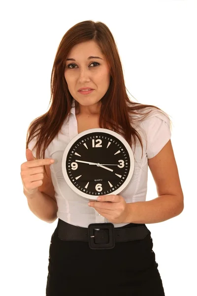 Sad Brunette and Clock — Stock Photo, Image