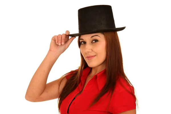 Vakker kvinne i svart hatt – stockfoto