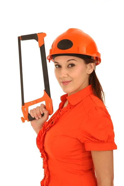 Lady with Saw and Hard Had — Stock Photo, Image