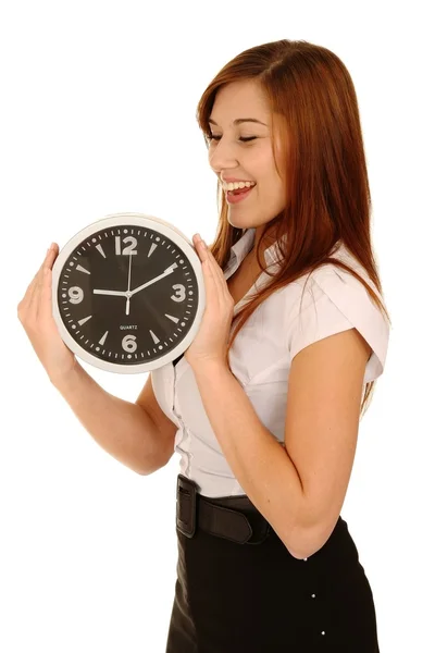Krásná dívka drží hodiny — Stock fotografie