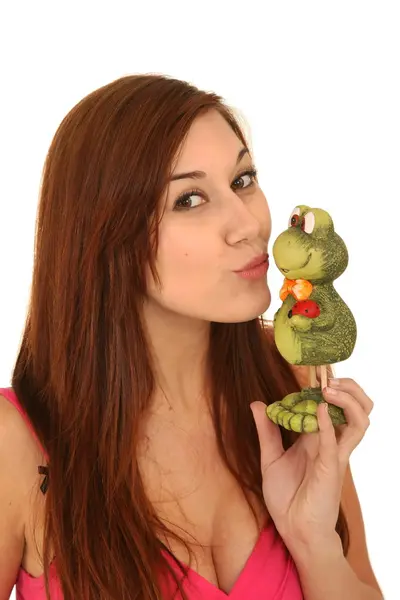 Beautiful Woman Kissing Frog — Stock Photo, Image