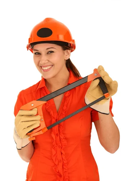 Lady with Saw and Hard Had — Stock Photo, Image