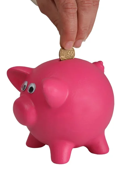 Piggy Bank and Hand with Coin — Stock Photo, Image