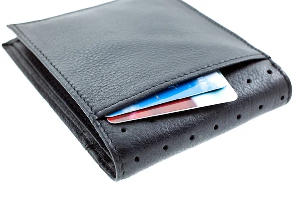 Plastik kart bir siyah deri cüzdan — Stok fotoğraf