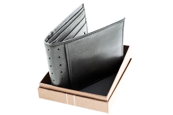 Svart läder plånbok i en låda — Stockfoto
