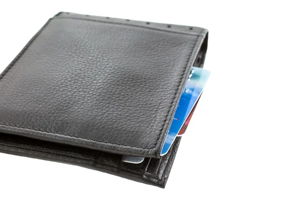 Plastic kaarten in zwart leer portemonnee — Stockfoto