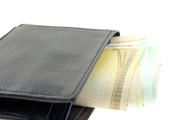 ユーロ紙幣と黒レザー折財布 — ストック写真