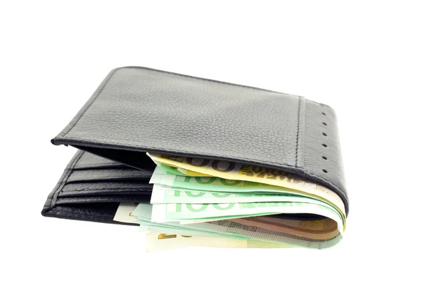 Svart läder plånbok med eurosedlar — Stockfoto