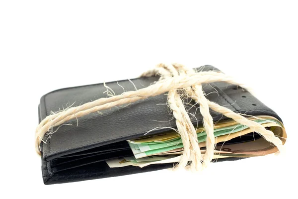 Bundna svart läder plånbok med eurosedlar — Stockfoto