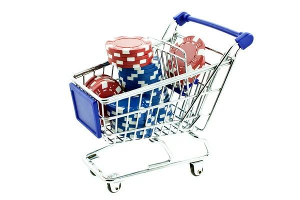 Color poker chips in shopping trolley — Stock Photo, Image