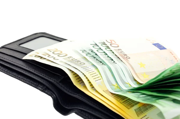 Černá kožená peněženka s eurobankovky — Stock fotografie