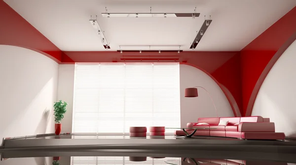 Moderní interiér s červenou pohovku 3d — Stock fotografie