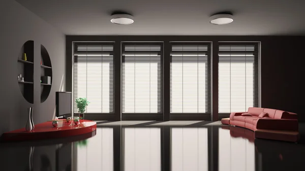 黑色与红色的沙发的客厅 3d — 图库照片