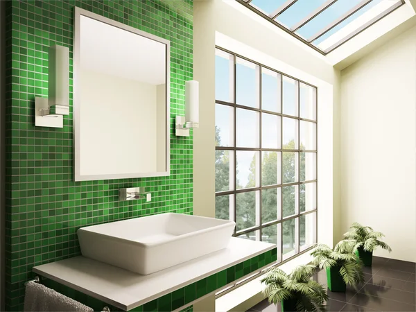 Ванная комната с большим окном интерьер 3d — стоковое фото