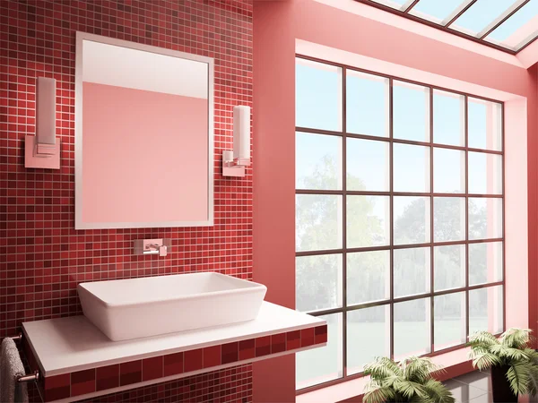 빨간색 욕실 인테리어 3d 렌더링 — 스톡 사진