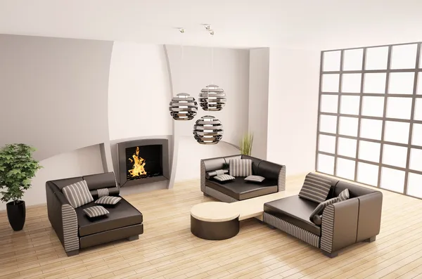 Interior moderno con chimenea 3d — Foto de Stock
