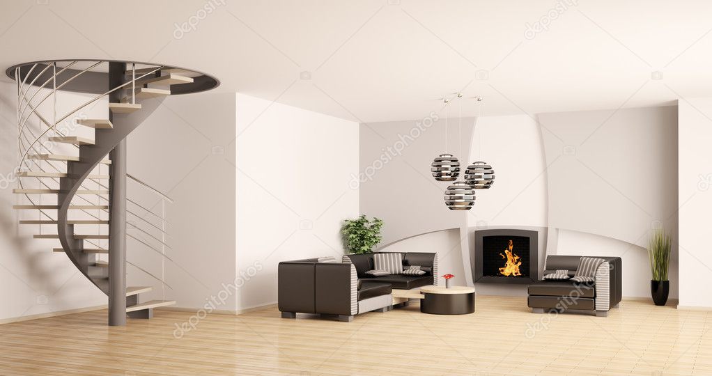 Moderne woonkamer interieur met trap en open haard 3d — stockfoto ... Openhaard woonkamer interieur