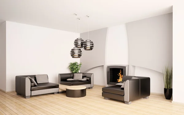 Современная гостиная с камином интерьер 3d — стоковое фото