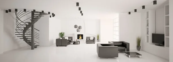 Apartment with stair and fireplace interior panorama 3d — Stock Photo, Image