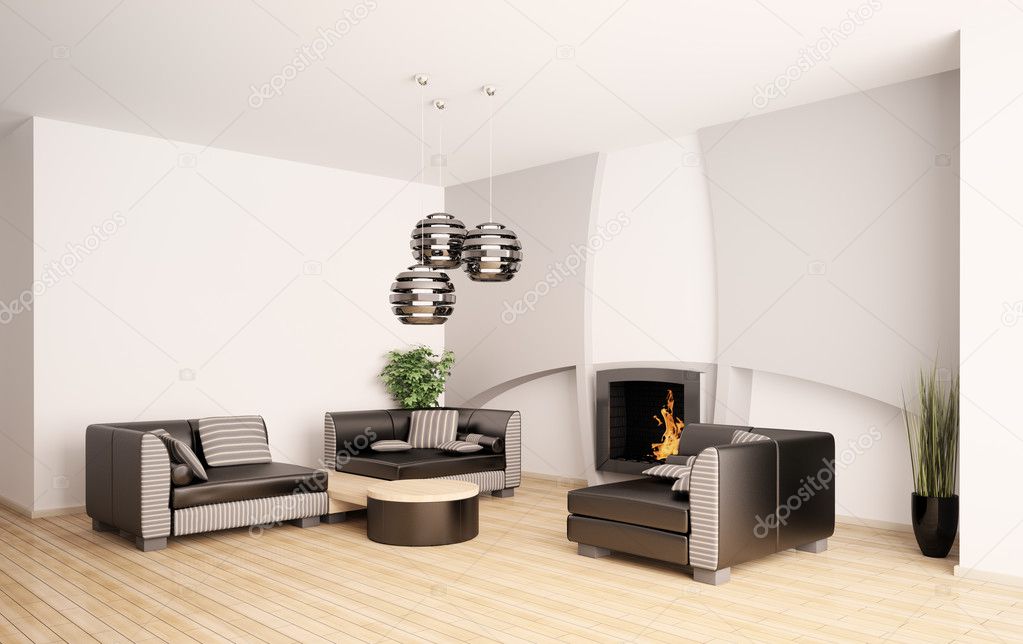 Modern living room with fireplace interior 3d