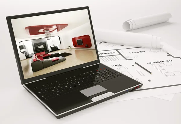 Laptop e cianografia del progetto abitativo 3d — Foto Stock