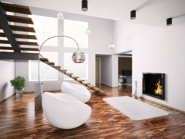 Modern interior with fireplace and staircase 3d clipart