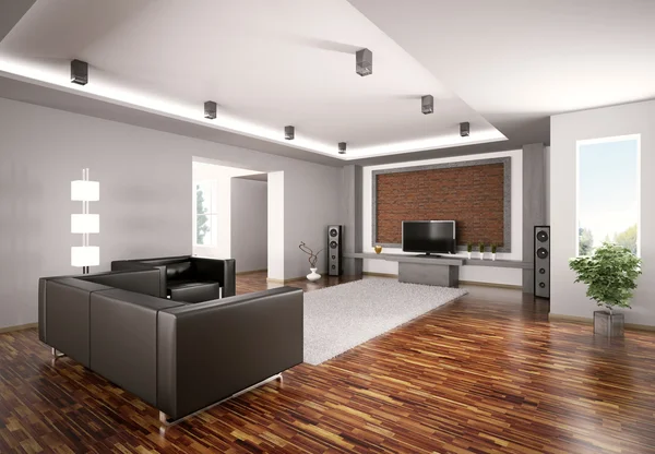Sala de estar moderna con lcd interior 3d — Foto de Stock