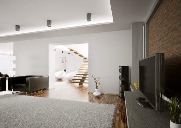 Sala de estar com lcd interior 3d render — Fotografia de Stock