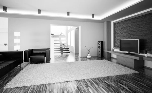 Sala de estar con lcd interior 3d render — Foto de Stock