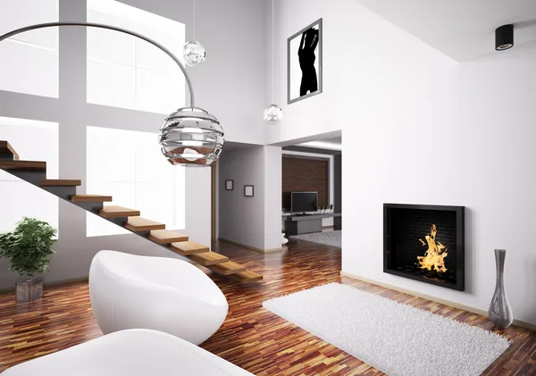 Interior with fireplace and staircase 3d — Stock Photo, Image