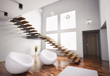 Modern interior with white armchairs and staircase 3d clipart