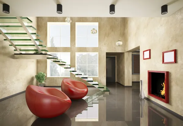 Інтер'єр кімнати зі скляними сходами і каміном 3d — стокове фото
