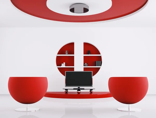 Vermelho branco sala de estar 3d — Fotografia de Stock