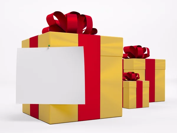 Cajas de regalo de oro con cinta roja 3d — Foto de Stock