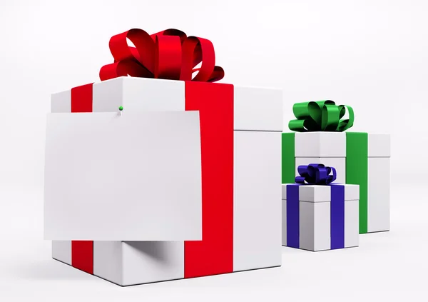 Білі подарункові коробки з червоною стрічкою 3d — стокове фото
