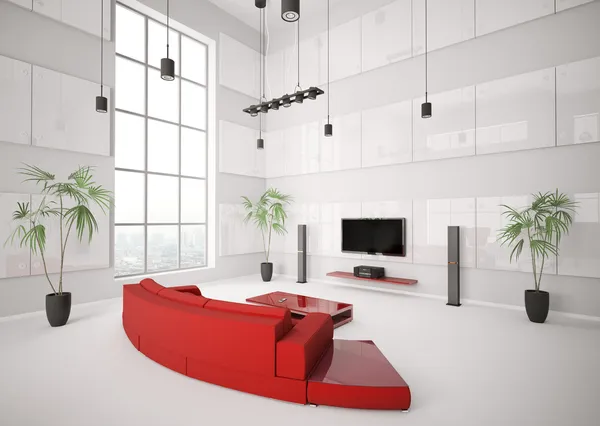 Salón blanco con sofá rojo interior 3d —  Fotos de Stock