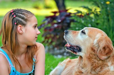 Young girl and her friend a dog clipart